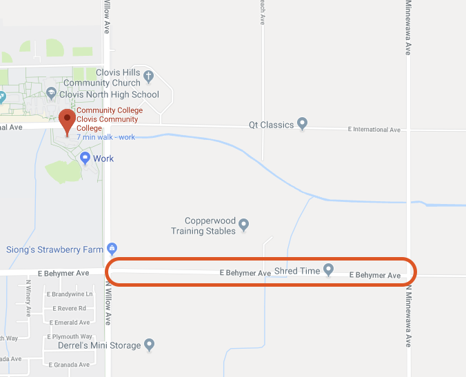 Google map showing road closure on Beymer Avenue between Willow and Minnewawa