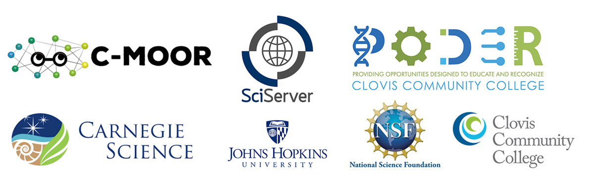 Logos represent the multiple institutions developing the material and supporting the free resources: C-MOOR, SciServer, PODER,  Carnegie Science | Embryology, National Science Foundation (NSF), Johns Hopkins University, and Clovis Community College.