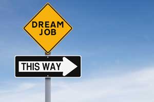 road signs pointing to a sign that says "dream job"