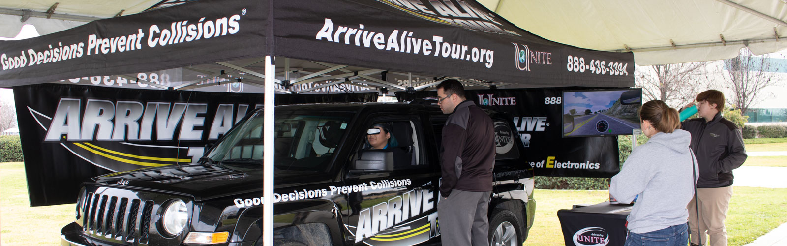 Arrive Alive tour bus on campus at CCC