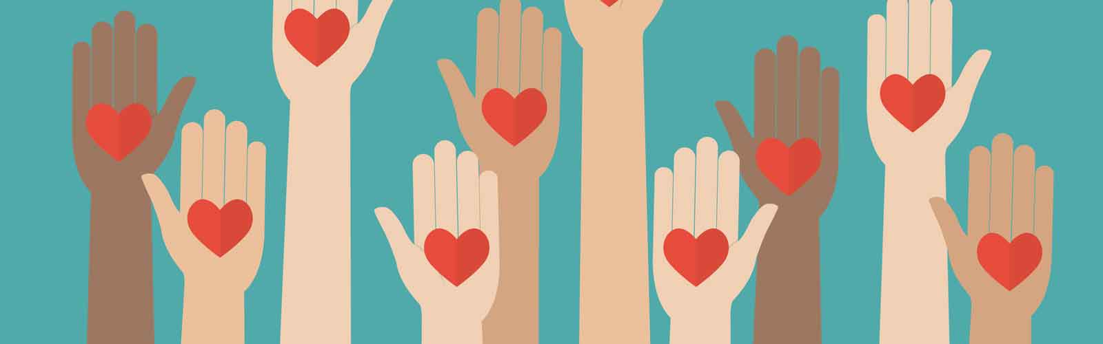 graphic depicting multicolored hands reaching out with hearts