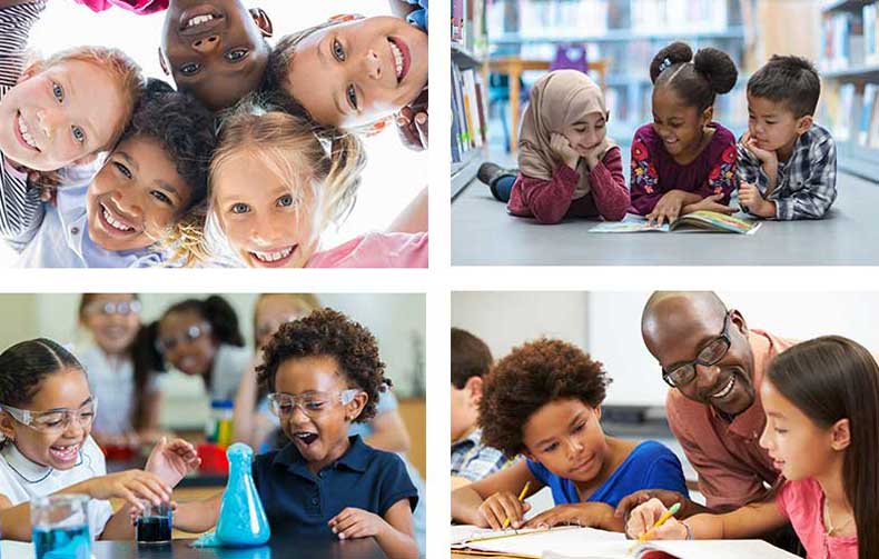 Collage of images of elementary ages children in the classroom