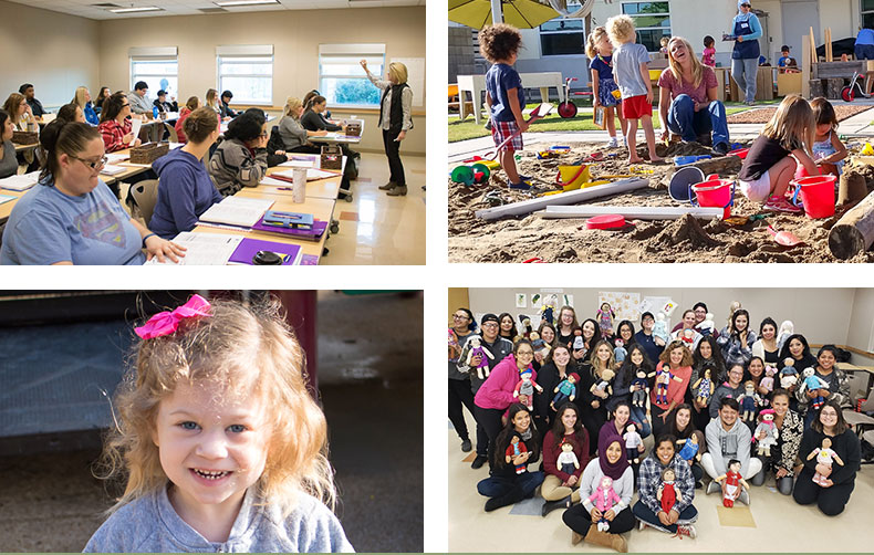 college students in classroom, children playing in sand, small child smiling, group of ECE students smiling