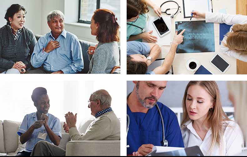 medical professional talking to family, medical person talking to patient about x-ray results, nurse smiling with patient, dr and nurse talking while the dr holds a chart