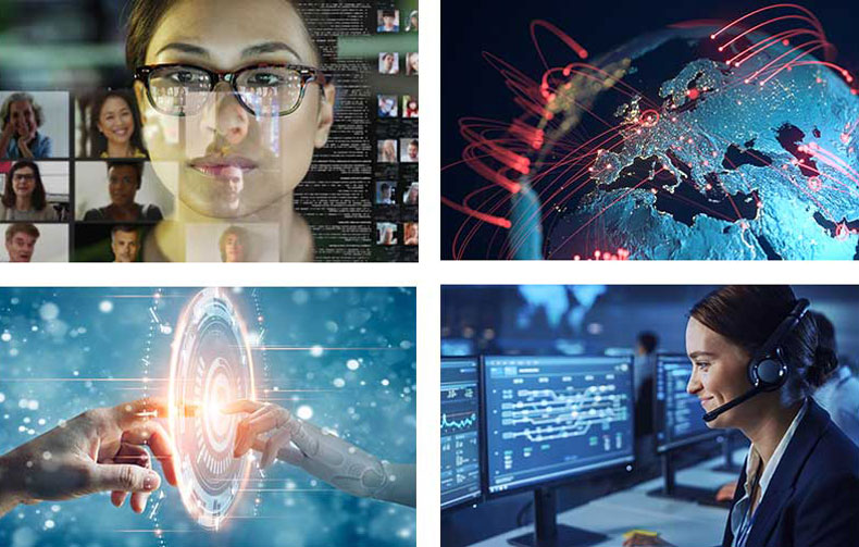 woman with glasses shows computer screen in reflection, graphic of globe with network lines going across, graphic of 2 fingers touching through a portal indicating a connection, woman with headset at computer smiling