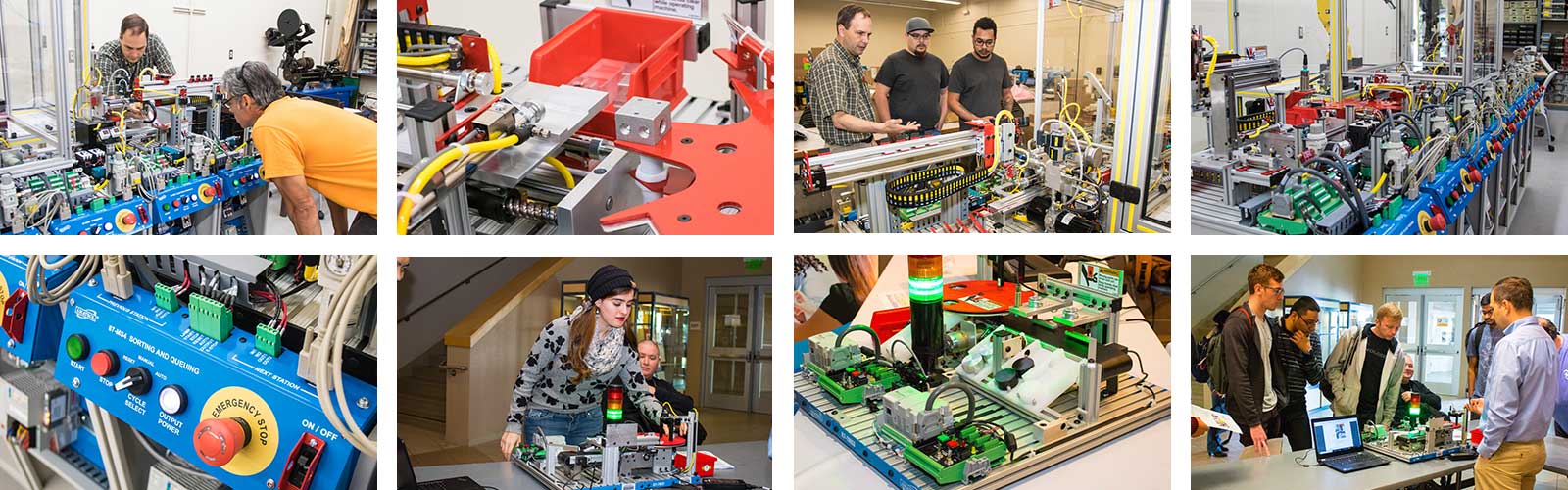 A selection of images of mechatronics equipment and students working in the mechatronics lab