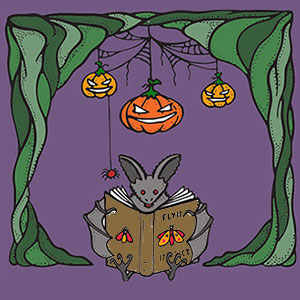 bat reading an insect guide with spiders and pumpkins around it