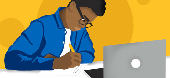 Drawing of a student writing on a paper while sitting behind an open laptop computer