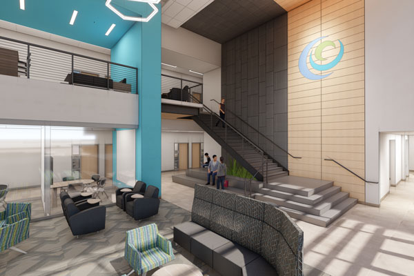 Applied Technology building rendering of inside lobby, conference rooms, stairs