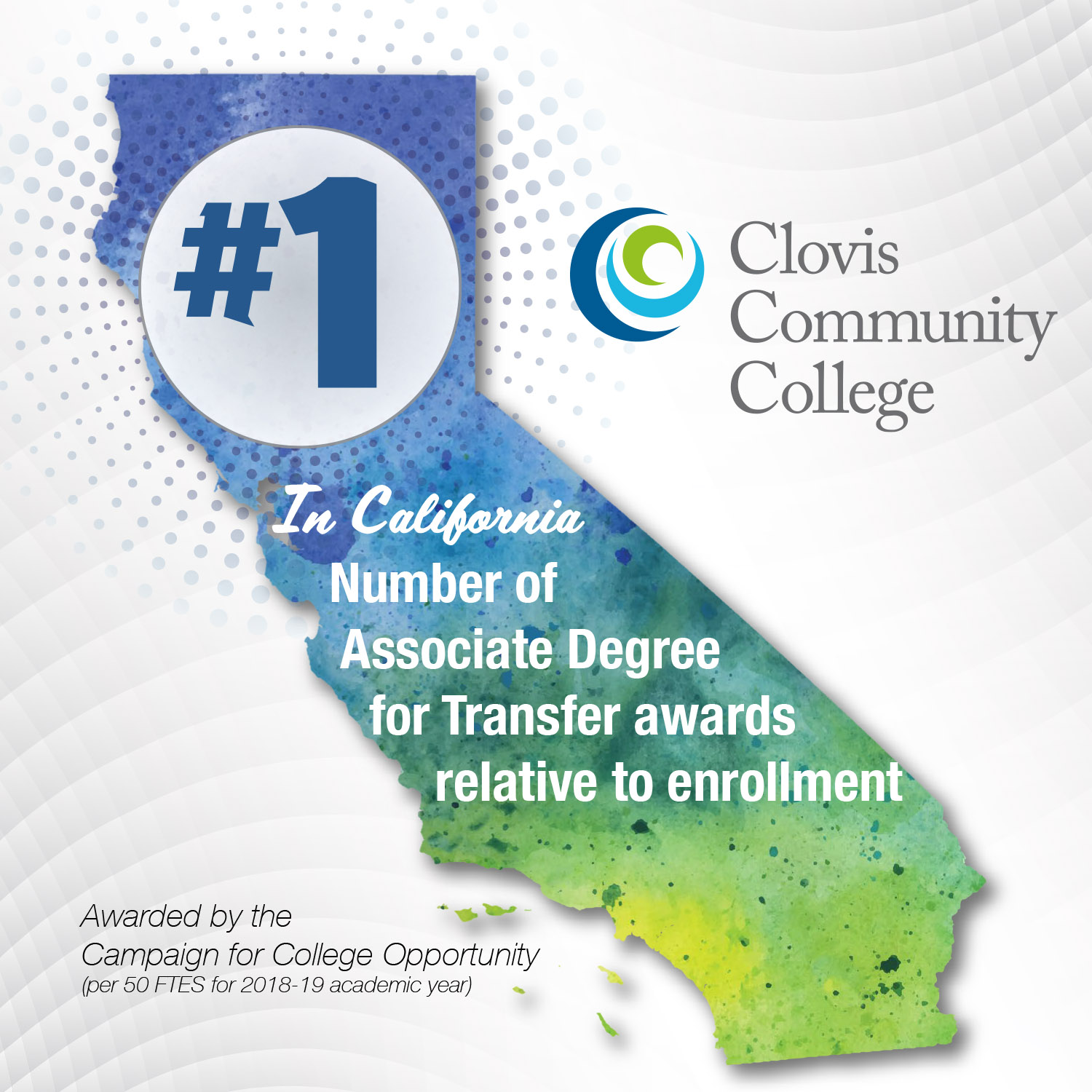Number one in California of Associate Degree for Transfer Awards relative to enrollment. Awarded by the Campaihn for College Opportuniy