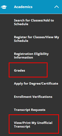 Academics side menu with 'Grades' link highlighted and 'View/Print my Unofficial Transcript' highlighted