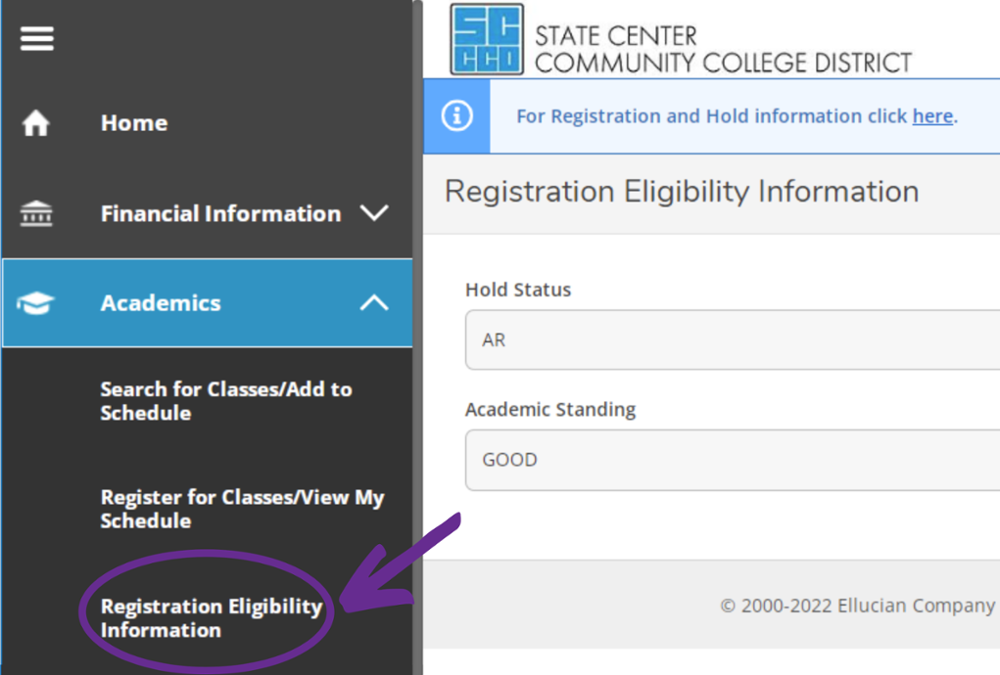 Click on Registration Eligibility Information in the side menu