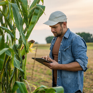 Farm worker inspecting crops