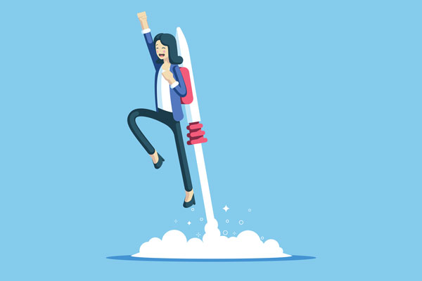 Cheerful woman flying off with jet pack