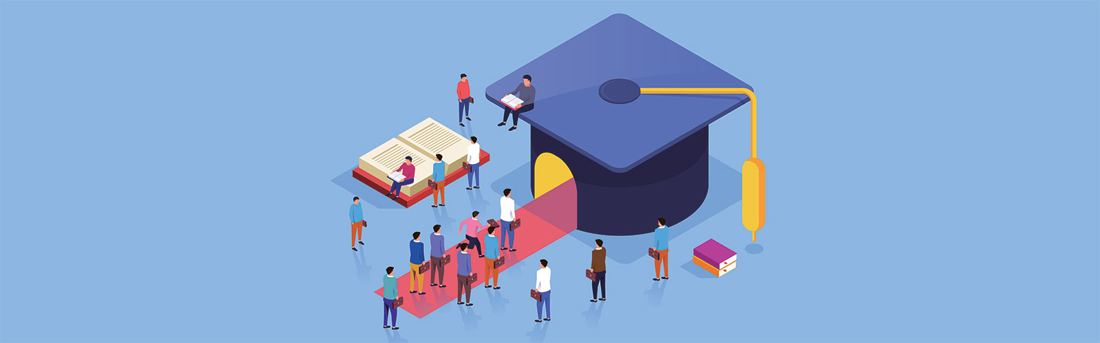 Graphic depicting students entering college - a large graduation cap