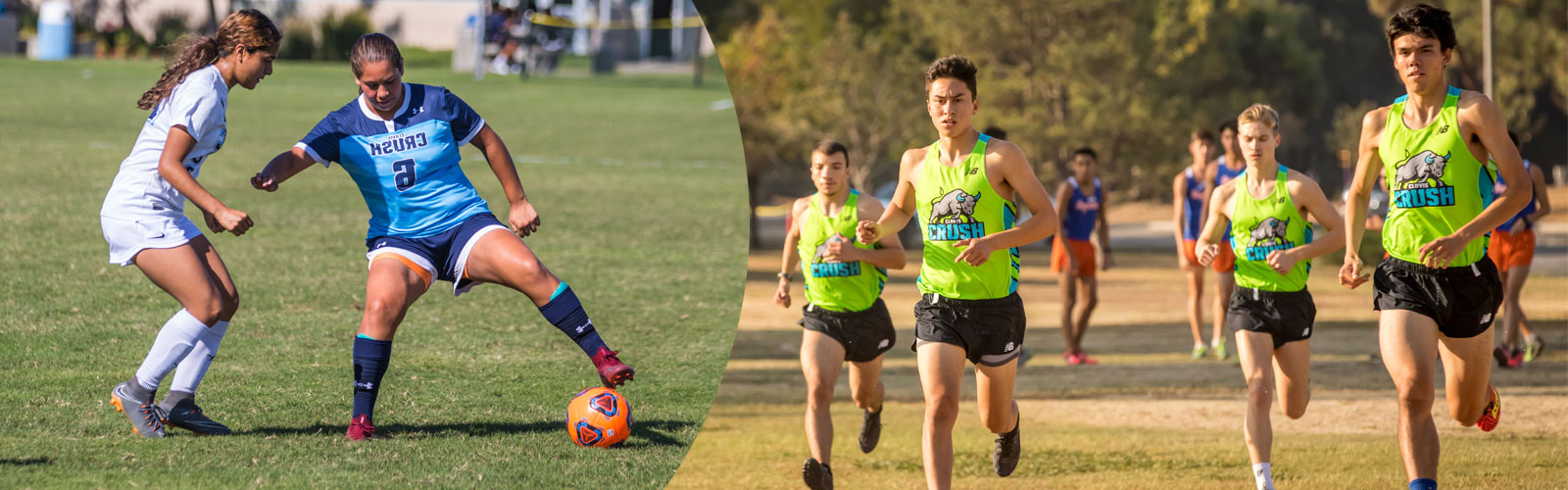 men's running team and women's soccer team in action