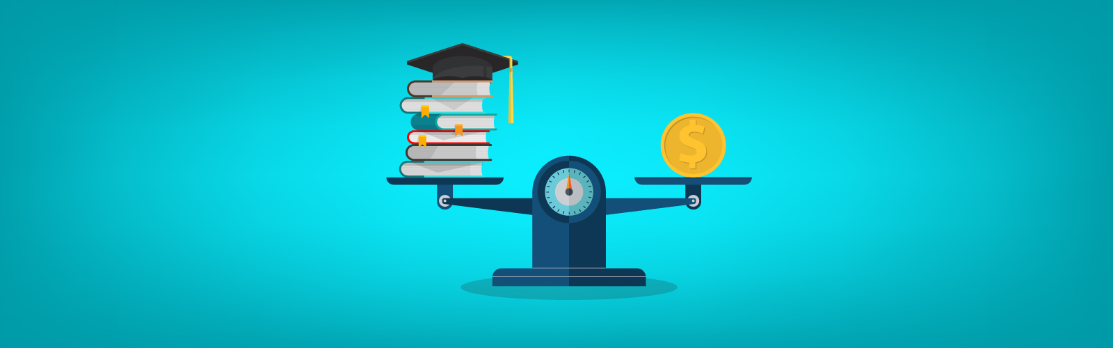 graphic of a balance scale with books on one side and money on the other side