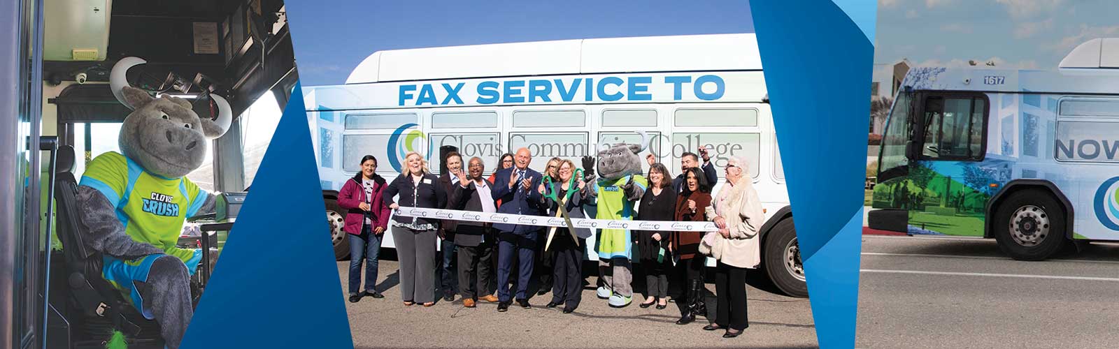 The FAX bus ribbon cutting and the Crush Mascot driving the new FAX bus