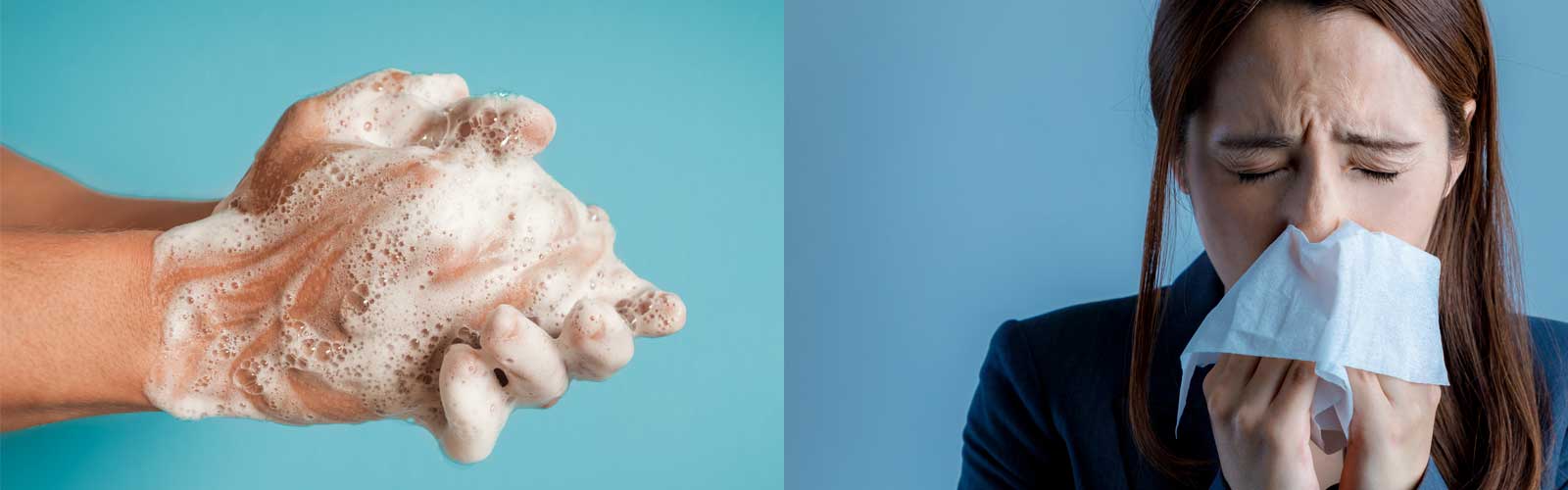 hand washing on the left with female student sneezing into a tissue.