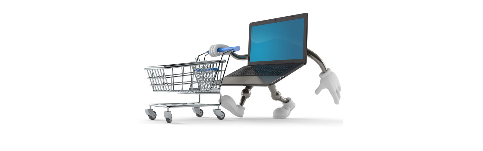 A laptop with arms and legs pushing a shopping cart