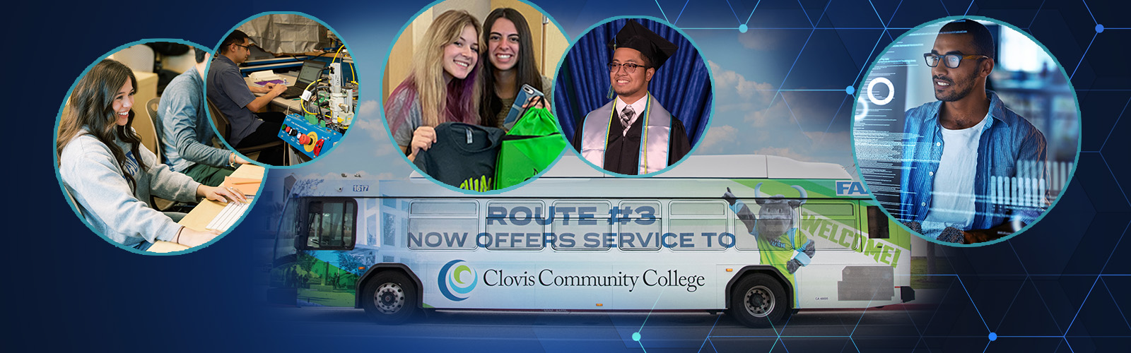 a collage of images of students at Clovis Community College including a photograph of the new FAX bus