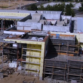 Construction site: Metal beams supporting a multi storied structure