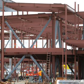 Construction site: Metal beams supporting a multi storied structure