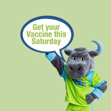 Clovis Crush mascot telling the community to get their vaccine this Saturday
