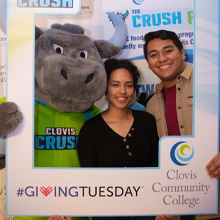 Clovis Crush Mascot with the president of ASG and sudent ambassador and scholarship recipient.