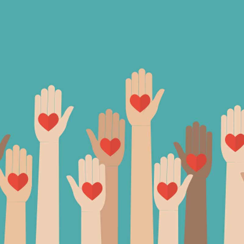 graphic depicting a variety of hands reaching out and holding hearts