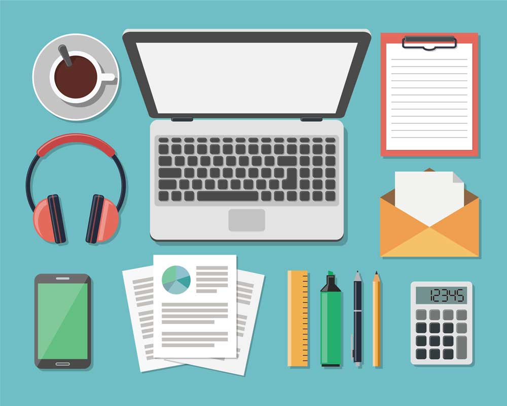 graphic of student desk with laptop, calculator, and headphones