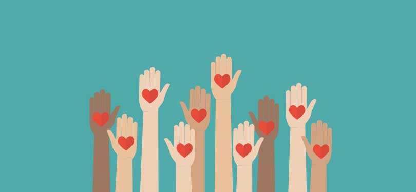 graphic of a variety of hands reaching out.