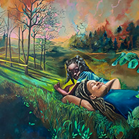 Painting of two kids laying in a meadow