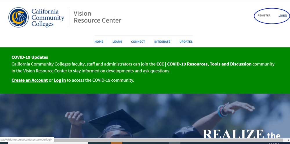 Vision Resource Center homepage with login button in top right cornerf