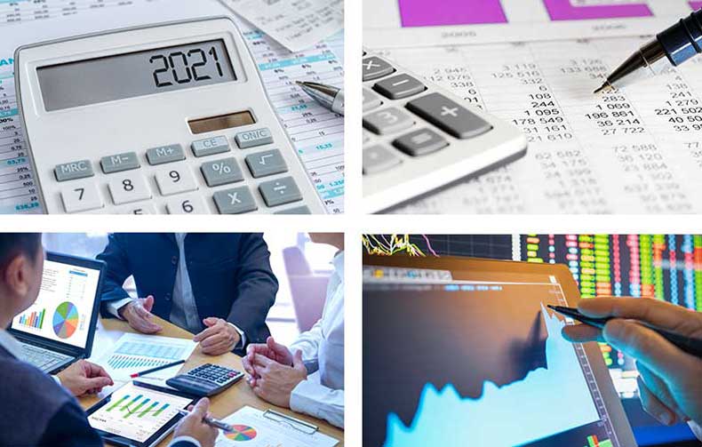 a female African American accountant at work, a computer screen with figures and one with graphs, a male accountant at his computer 