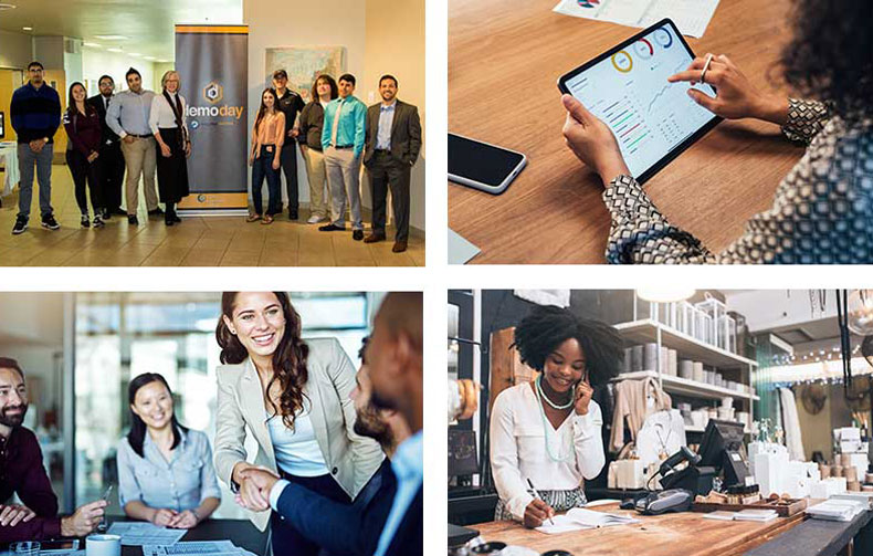 people gathered in business attire for group picture, tablet with graph, woman smiling shaking mans hand in meeting, woman on phone