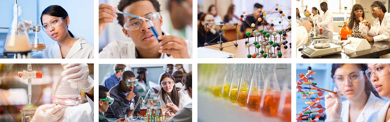 A selection of images of diverse students in a chemistry lab