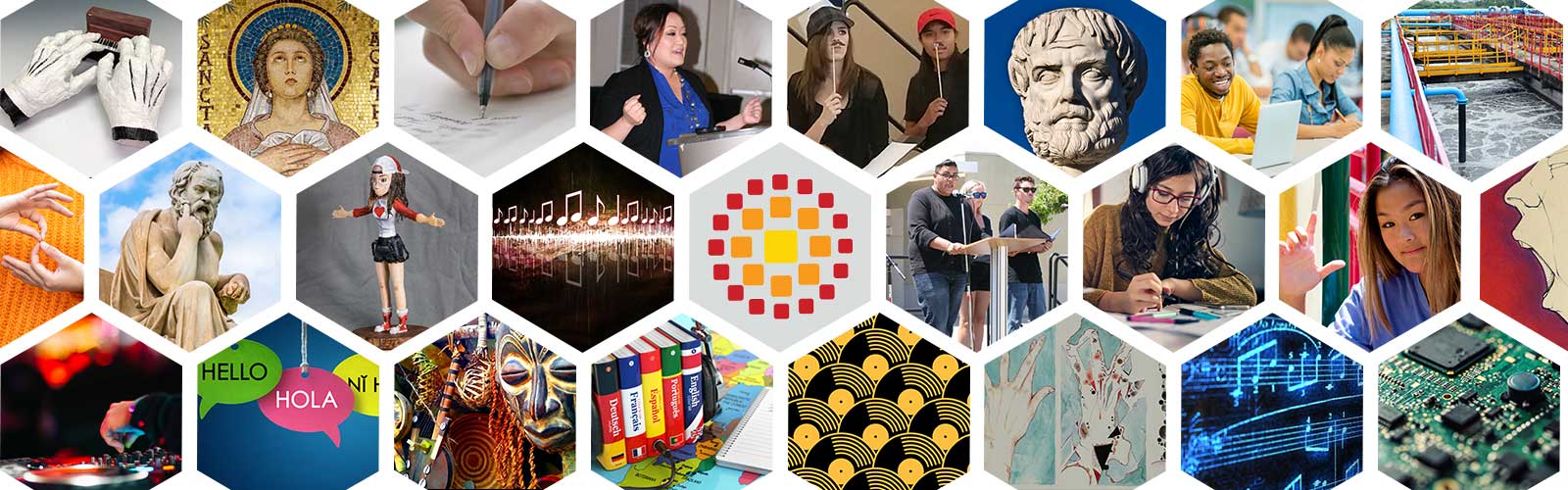 A hexagonal collage of various images from the arts, language and literature pathway