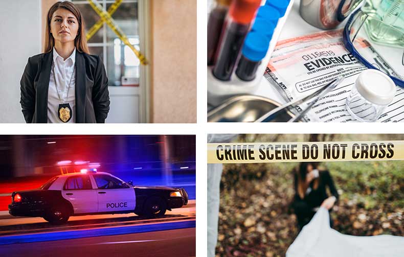 woman with badge, evidence bag, police car, crime scene caution tape