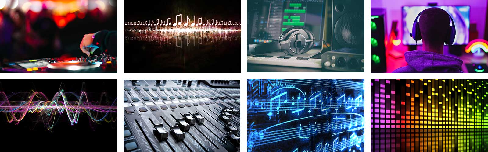 A variety of images showing musical notes and digital music equipment