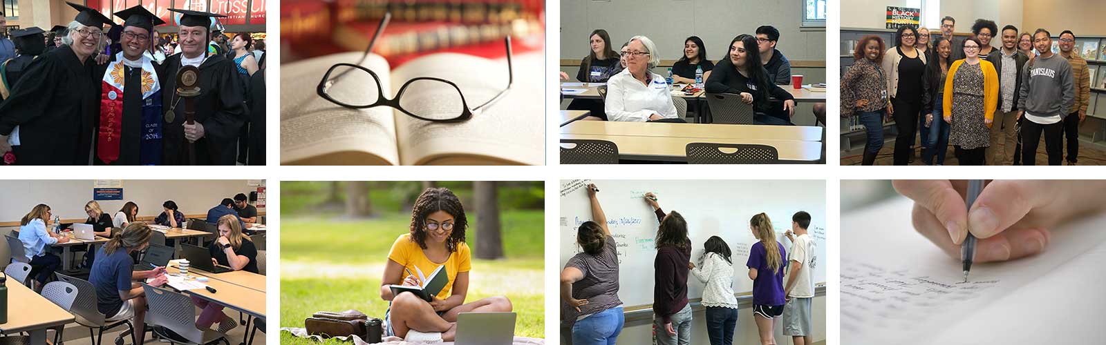 A variety of images showing students and staff of the English department as well as students reading and writing