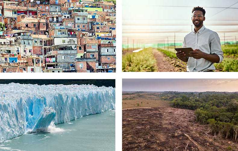 Homes on a hill, icebergs, forests and agricultural fields