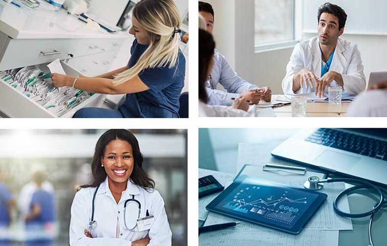 A selection of images of medical office administrators at work