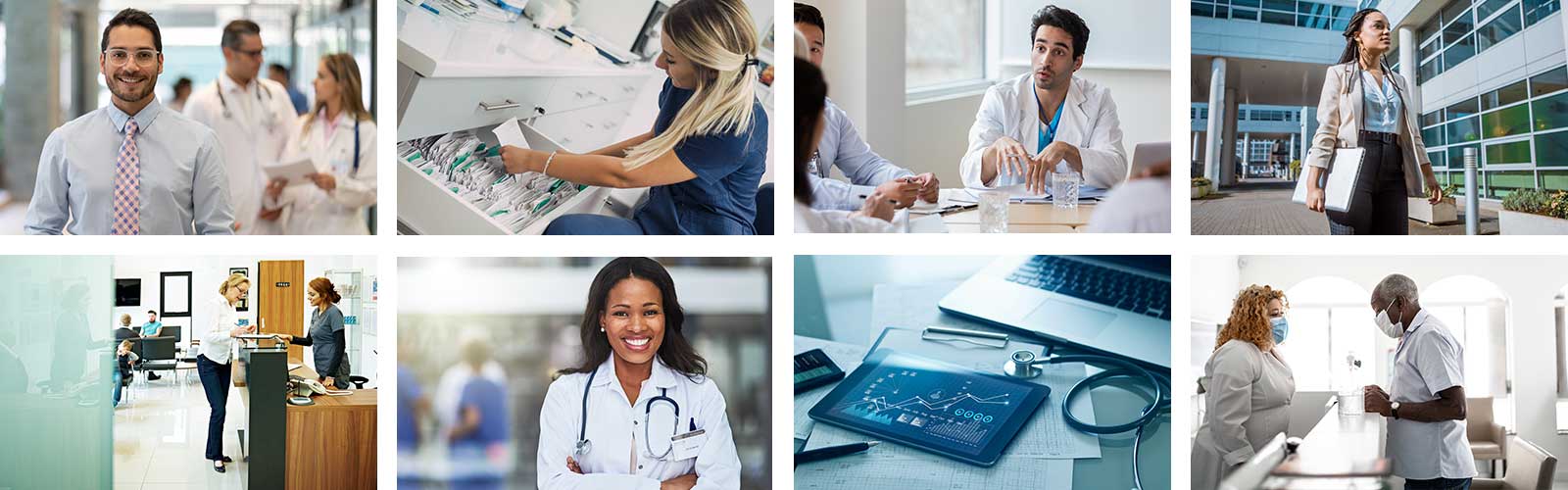A selection of images of people various health care administration professions