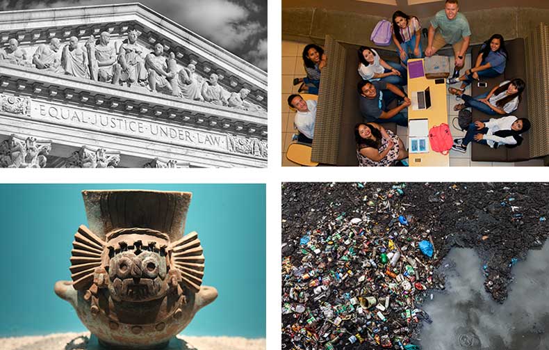 Group of students in the CCC lobby, an ancient relic, a dump site, and the front of the Supreme Court Building 