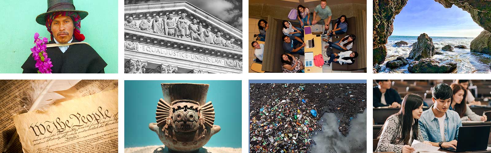 A selection of images of oceans, cities, pollution, and students in the classroom