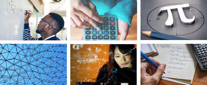 A variety of images showing students studying math, math calculations, and geometric designs
