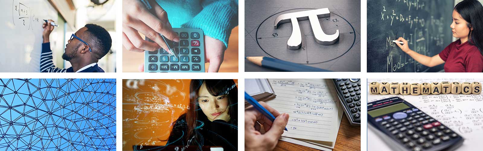 A variety of images showing diverse students studying math, math equipment, paper with math calculations, and geometric shapes in design.