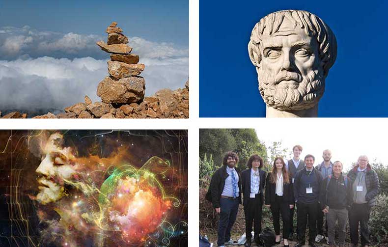 Philosophy students in a group setting along side other images including famous philosophers