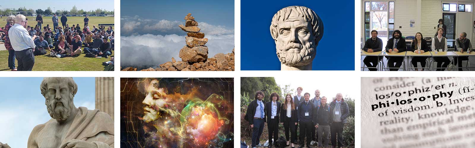A variety of images showing various famous philosophers such as Socrates and Plato.